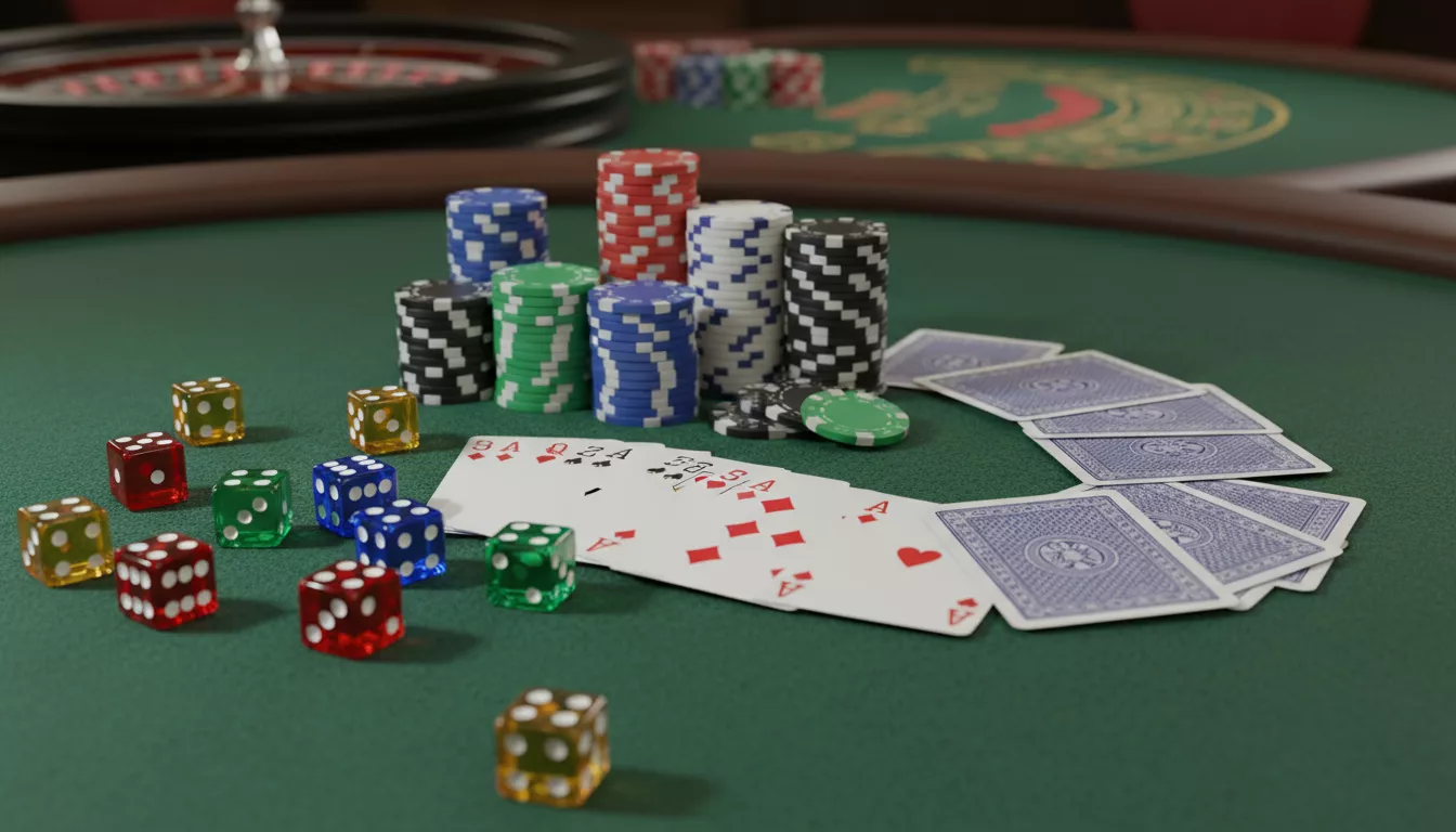 Assortiment de dés de casino colorés, de jetons empilés et de cartes à jouer sur une table verte, symbolisant le choix entre différents jeux.