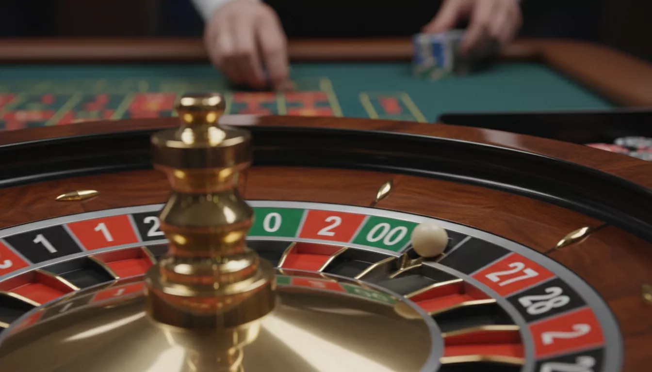 Détail d'une roue de roulette américaine, mettant en évidence le double zéro (00) à côté du zéro simple (0) sur le cylindre.