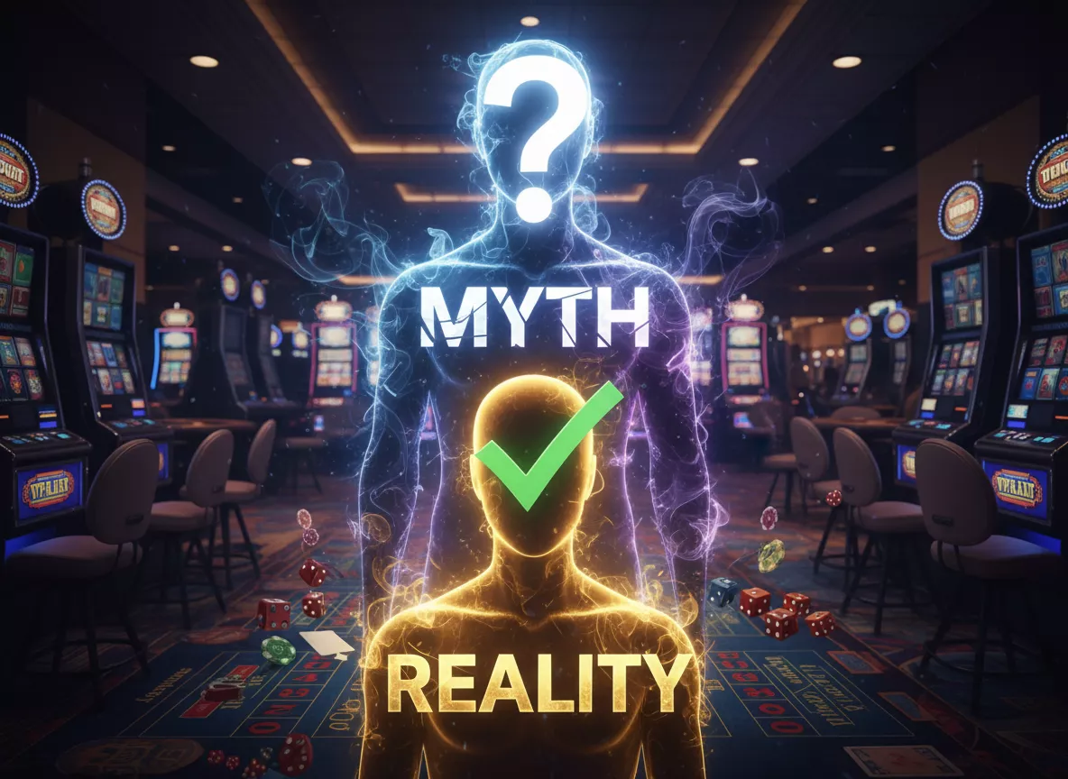 Deux figures superposées, l'une avec un point d'interrogation pour le mythe, l'autre avec une coche pour la réalité, illustrant la démystification des croyances pour gagner au casino.