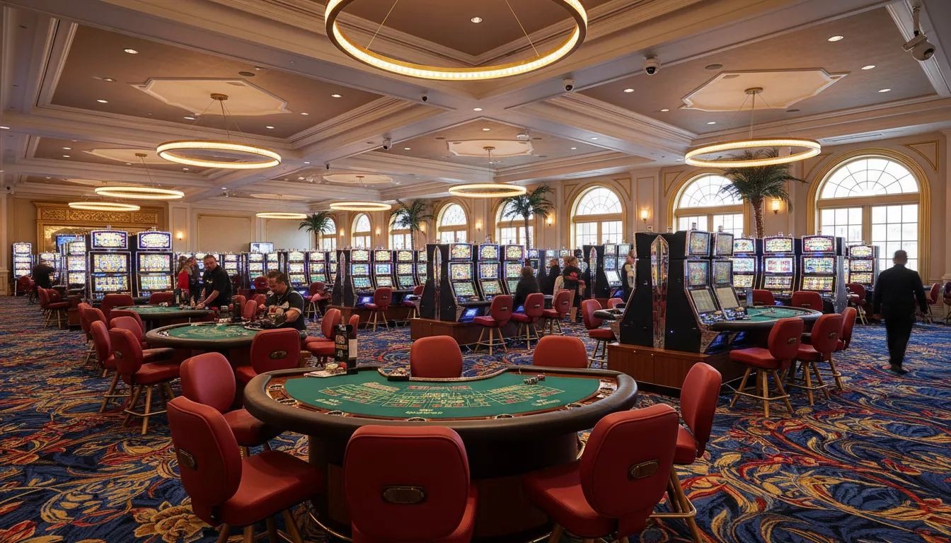 Disposition stratégique de machines à sous et de tables de blackjack dans un casino luxueux et bien éclairé.