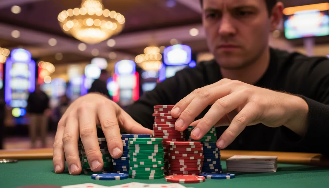 Gros plan sur les mains d'un joueur concentré sur des jetons de poker colorés à une table de jeu animée, avec un arrière-plan flou de lumières de casino.