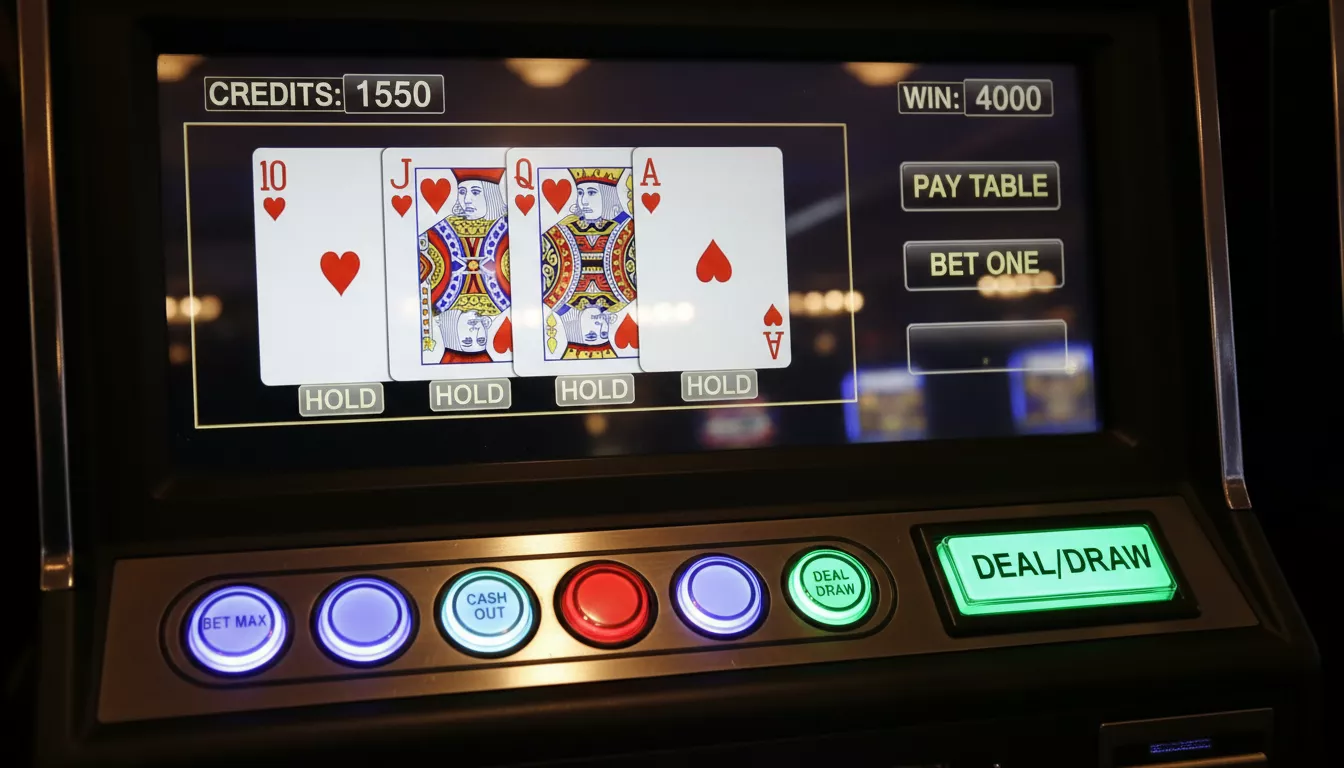 Gros plan sur un écran de vidéo poker affichant une main de cartes et des options de jeu, avec des boutons lumineux en bas.