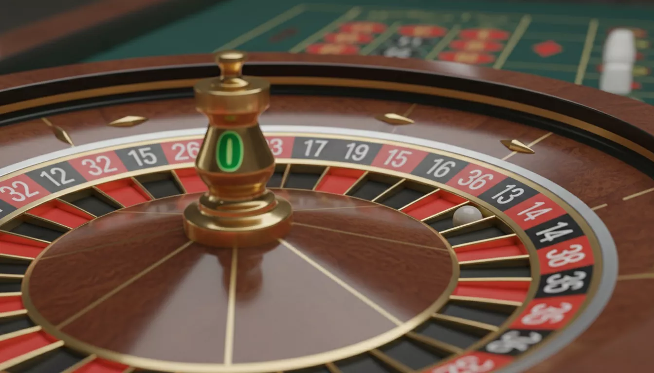 Gros plan sur une roue de roulette européenne, montrant le seul zéro vert et les numéros rouges et noirs bien alignés.