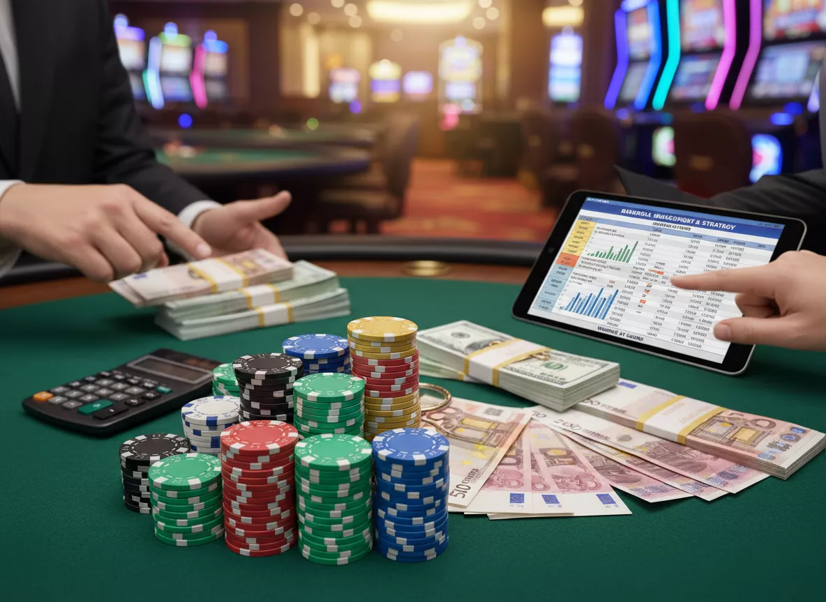 Piles de jetons de casino et billets de banque, symbolisant la gestion de la bankroll et la stratégie financière pour gagner au jeu.