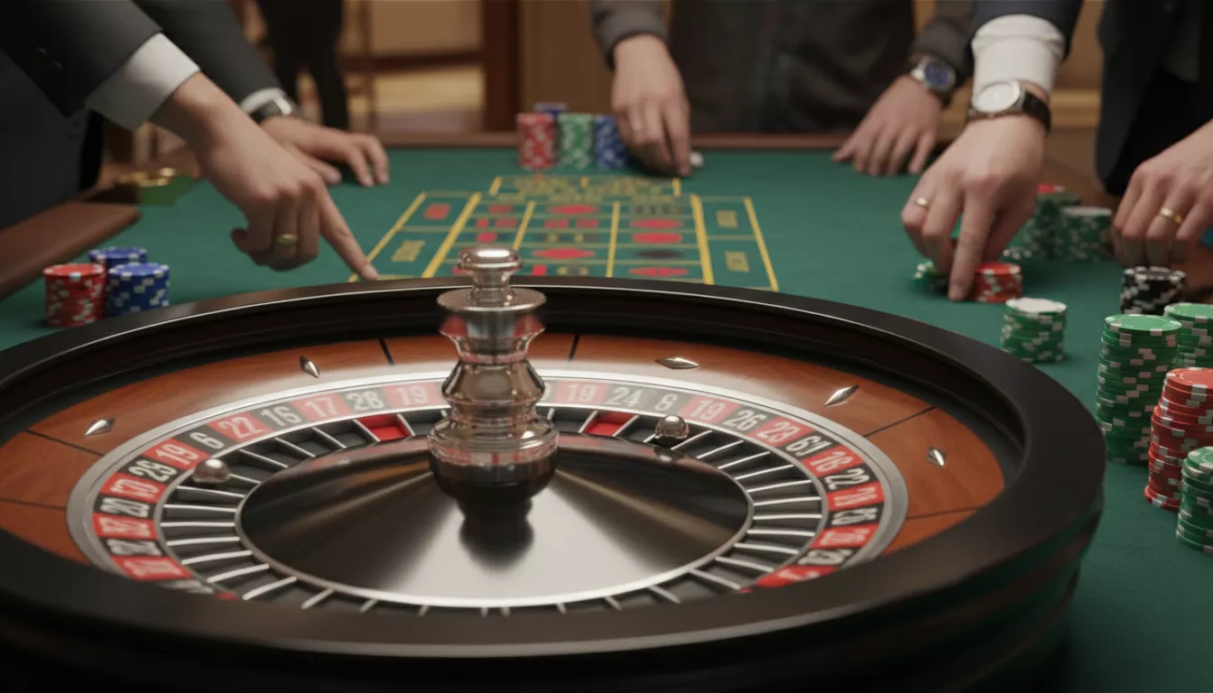 Roulette de casino avec la boule tombant sur un numéro, entourée de jetons de différentes couleurs et de mains de joueurs. Le cercle central est en focus.
