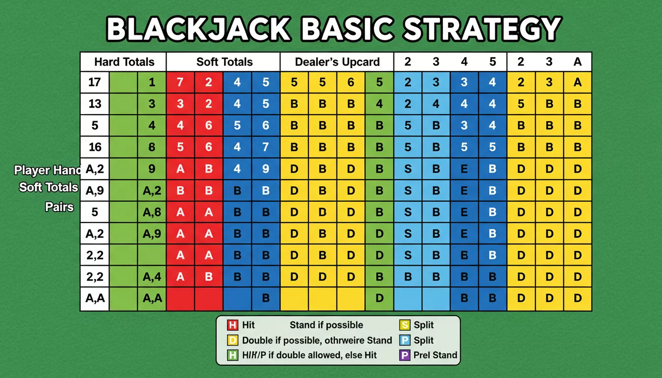 Tableau de stratégie de base au blackjack coloré, avec des codes pour 'Hit', 'Stand', 'Double' et 'Split'
