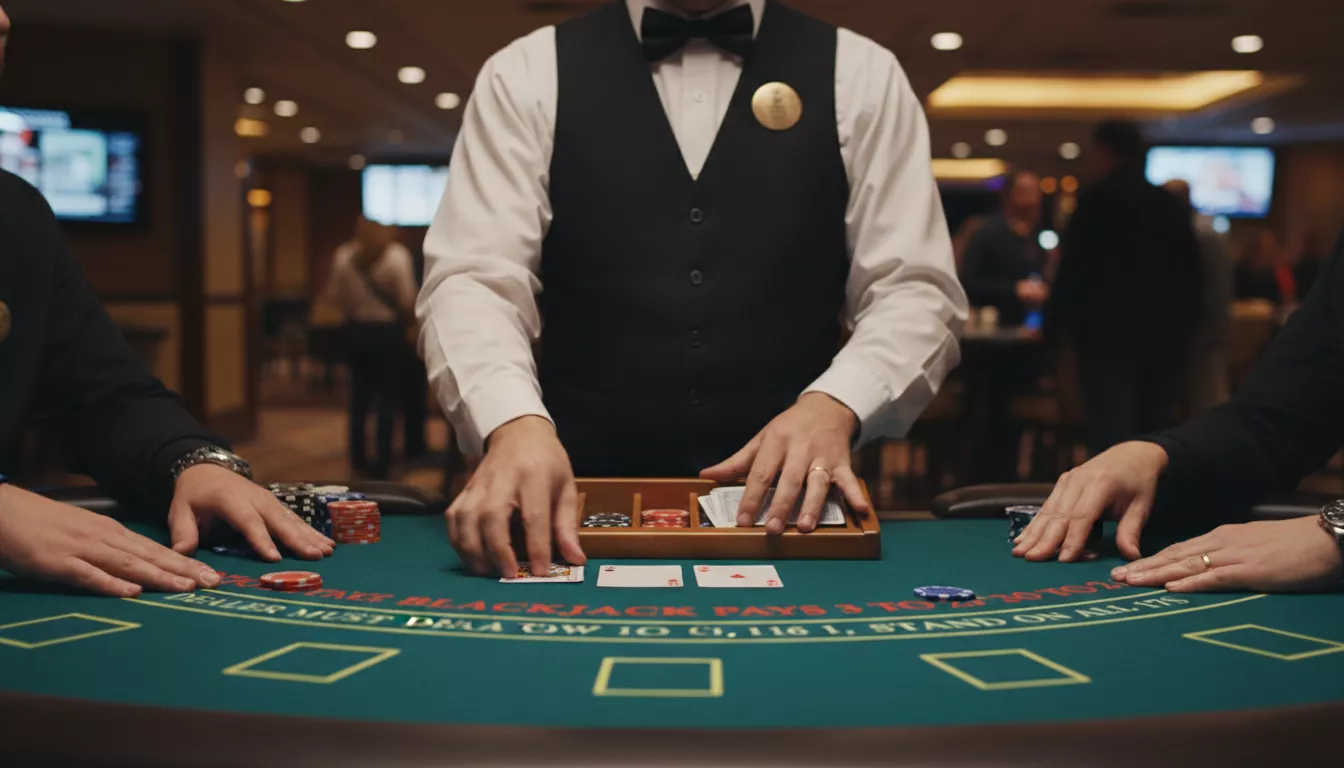 Un croupier de casino distribuant des cartes à une table de blackjack, avec les mains des joueurs visibles, illustrant le début d'une partie.