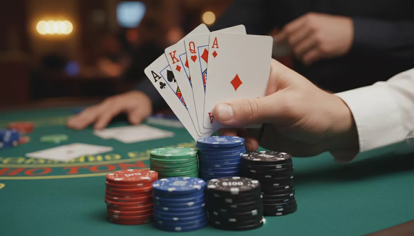 Un gros plan sur une main de joueur de blackjack tenant des cartes face visible, avec des jetons empilés devant lui sur la table.