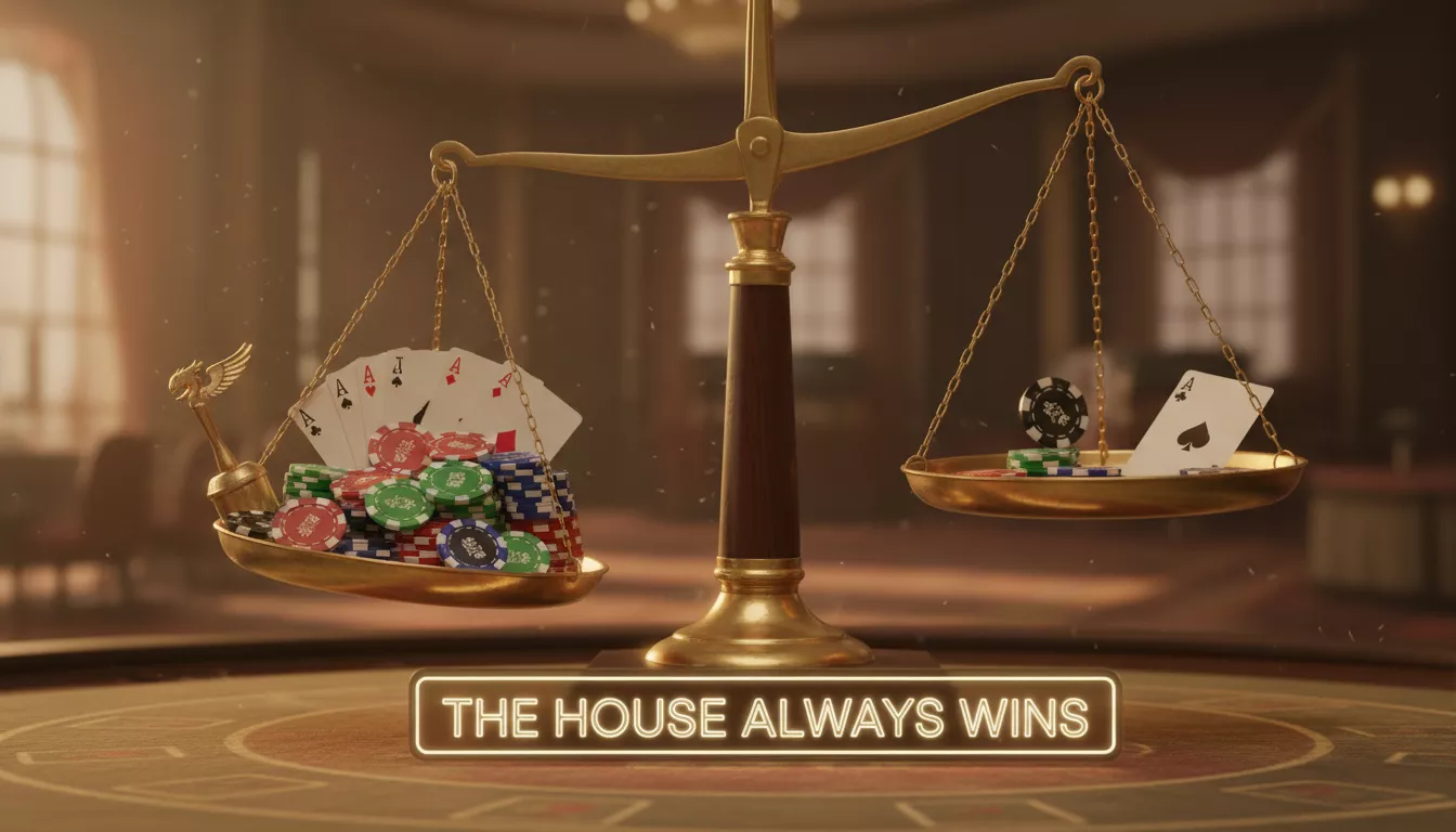 Une balance légèrement inclinée en faveur d'un côté, avec des jetons de casino et des cartes, symbolisant l'avantage inhérent du casino.
