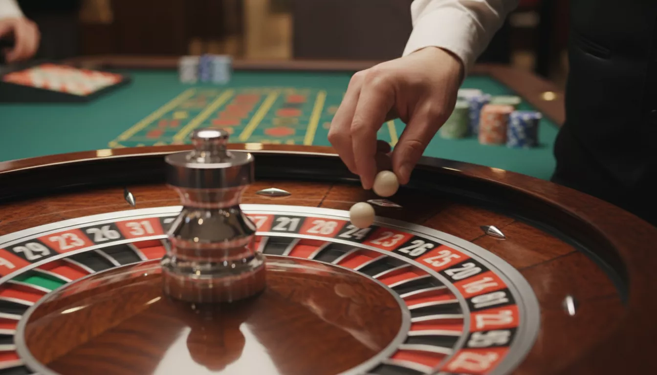 Une main de croupier tournant une bille sur une roue de roulette européenne, avec les cases numérotées clairement visibles et le tapis de jeu en arrière-plan.