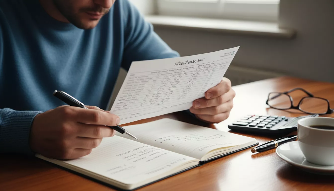 Une personne examine un relevé bancaire et un carnet de notes, symbolisant la planification financière et la gestion budgétaire.