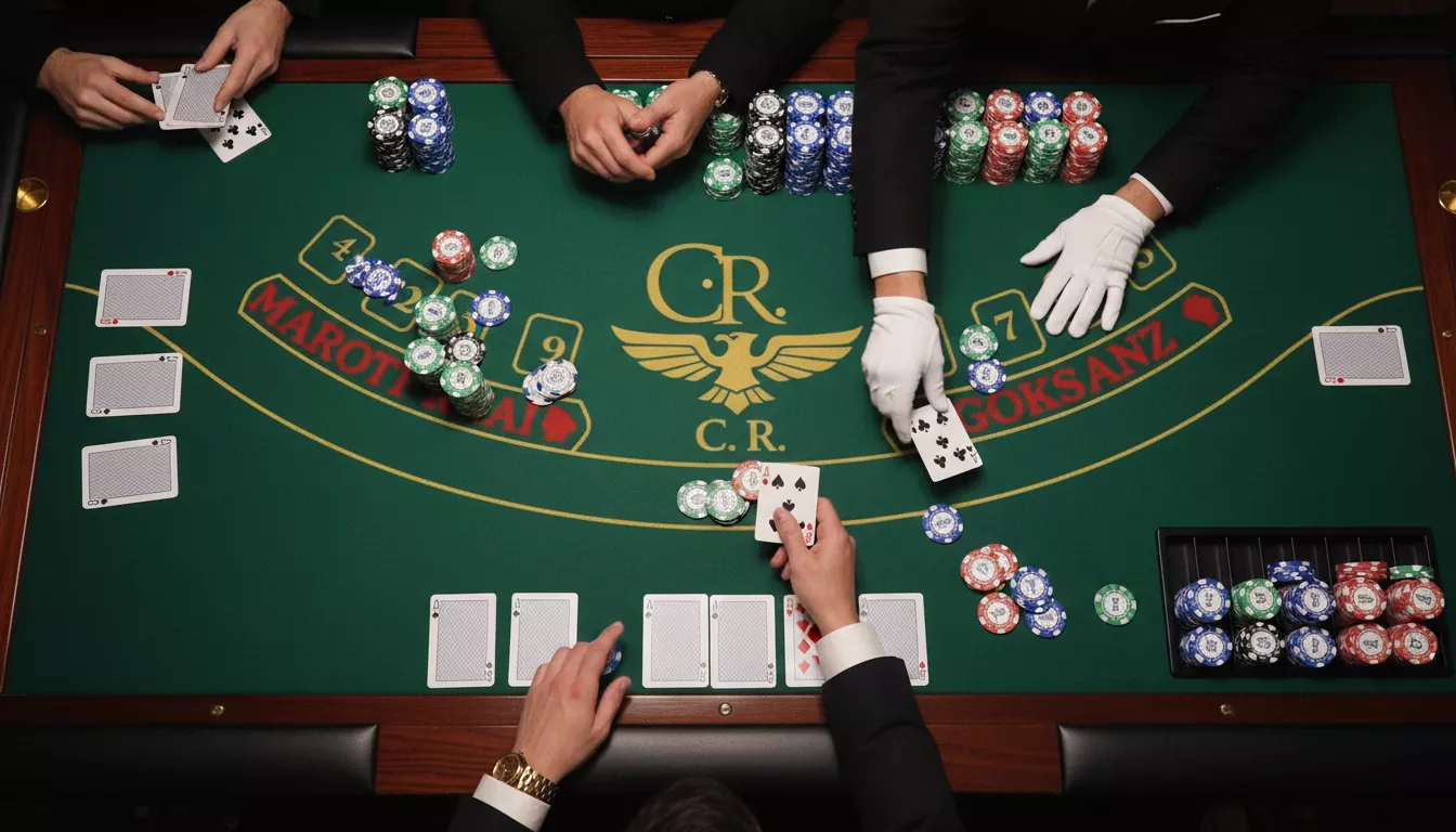 Une table de blackjack élégante vue du dessus avec des jetons colorés, des cartes en main et un croupier, symbolisant le jeu et la stratégie.