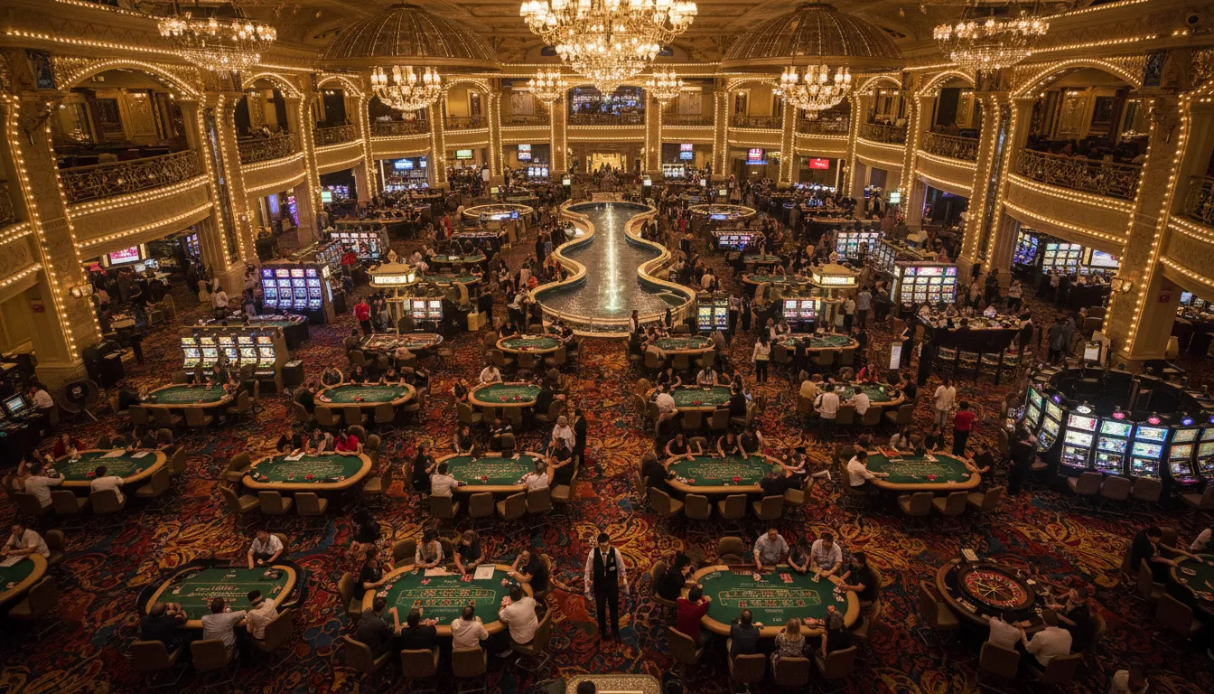 Vue aérienne d'un casino luxueux avec des lumières scintillantes, des tables de jeu animées et des joueurs concentrés, évoquant l'immersion sensorielle.