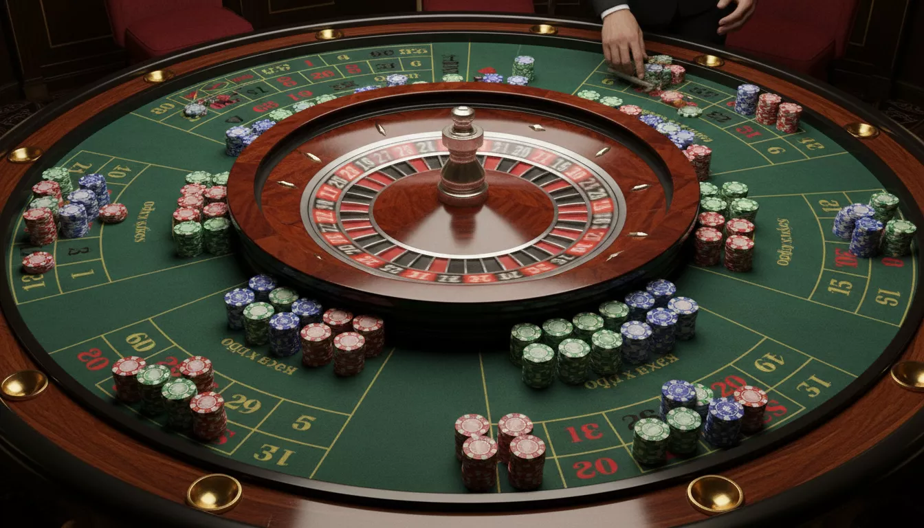 Vue plongeante sur une table de roulette élégante, avec des jetons colorés disposés et une roue en mouvement, symbolisant le hasard et la stratégie du jeu.